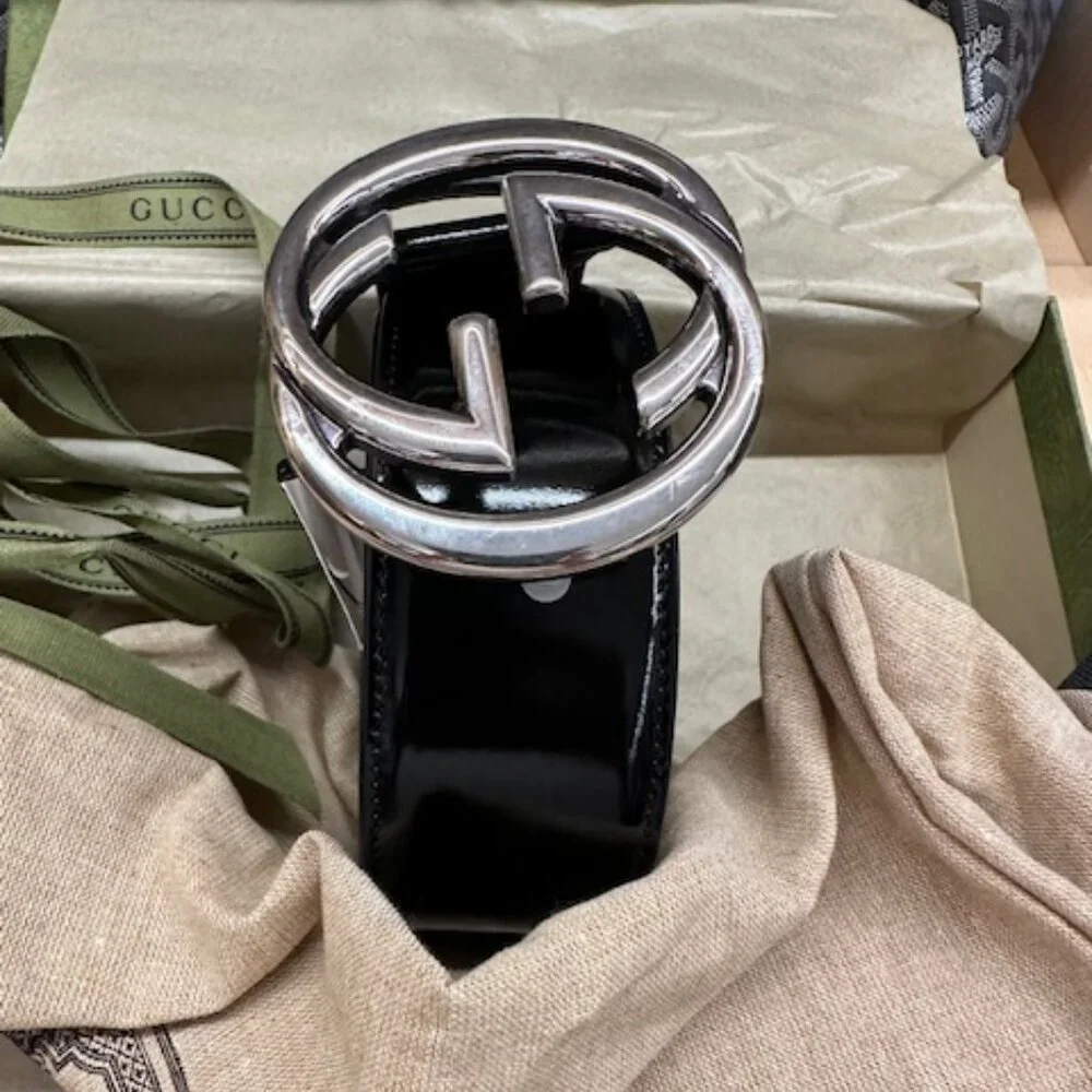 Gucci Interlocking G Logo Patent Leather Black Belt - Picture 7 of 8